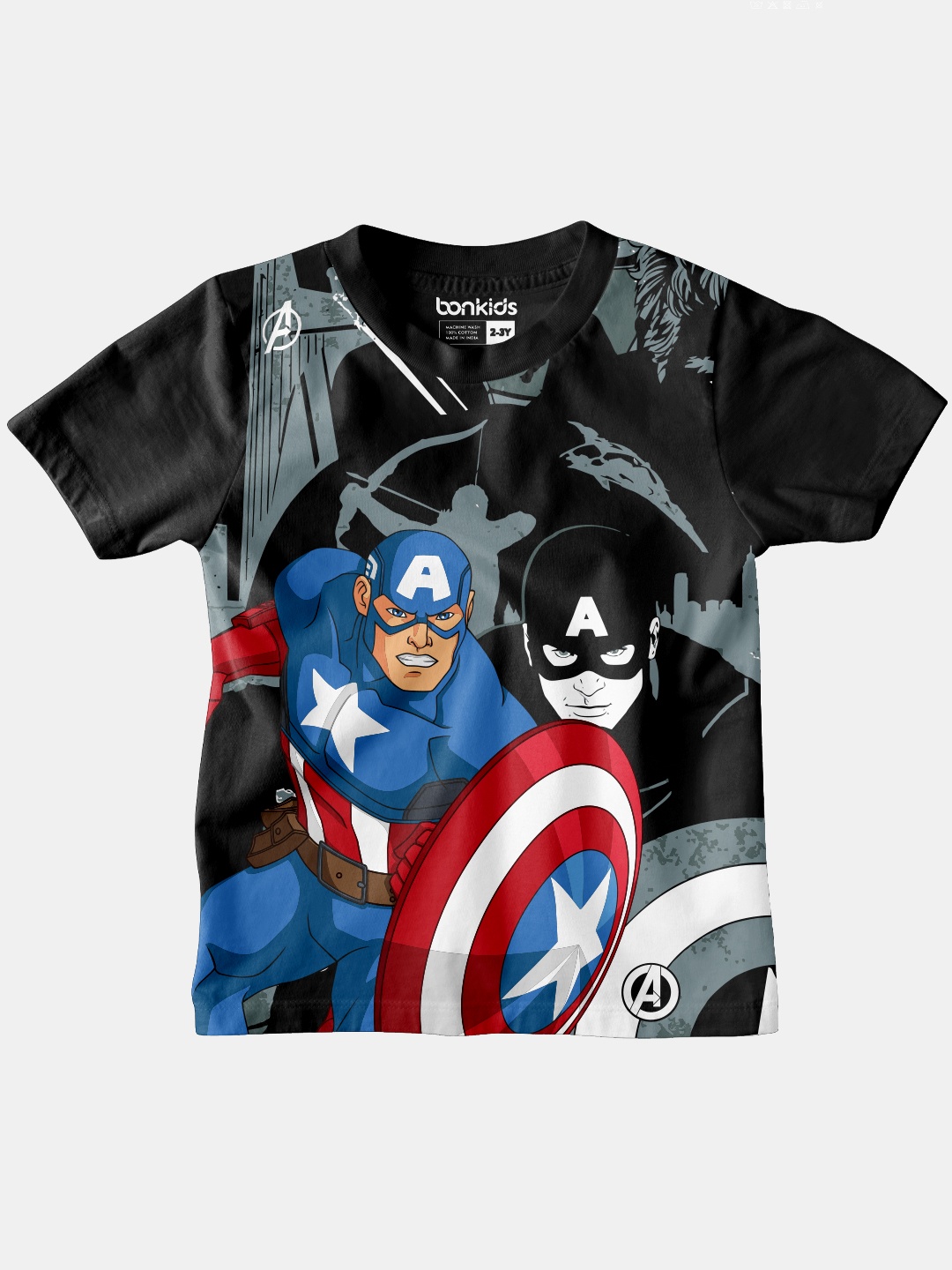 

BONKIDS Boys Black Blue Captain America Printed Slim Fit Cotton Pure Cotton T-shirt