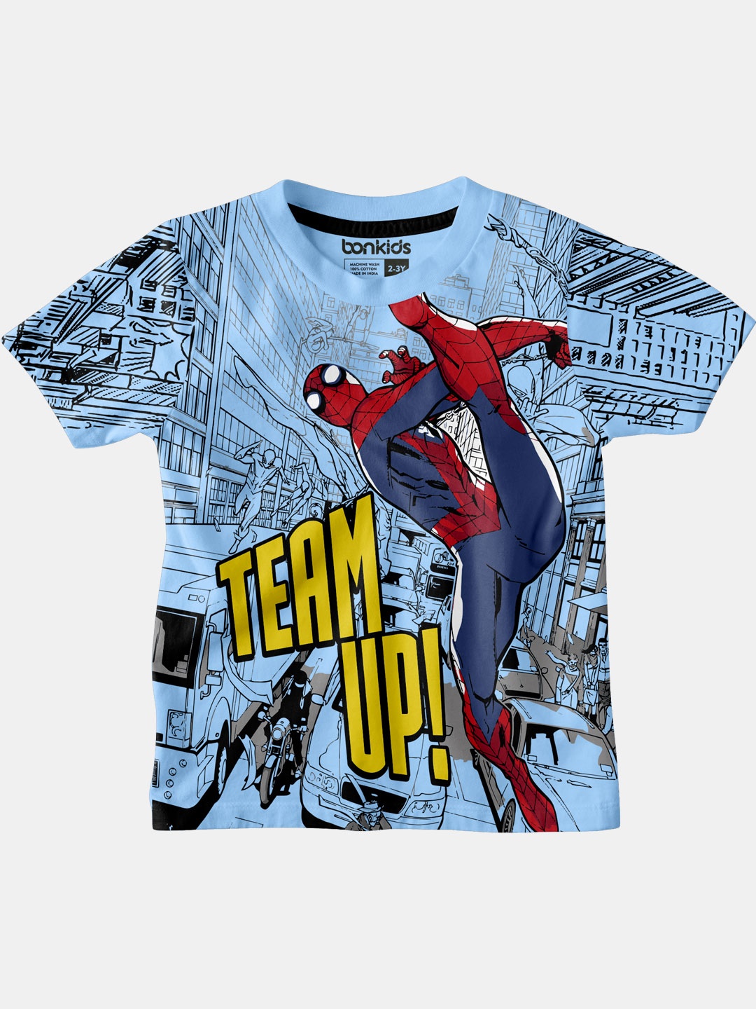 

BONKIDS Boys Blue Red Spider-Man Printed Slim Fit Cotton Pure Cotton T-shirt