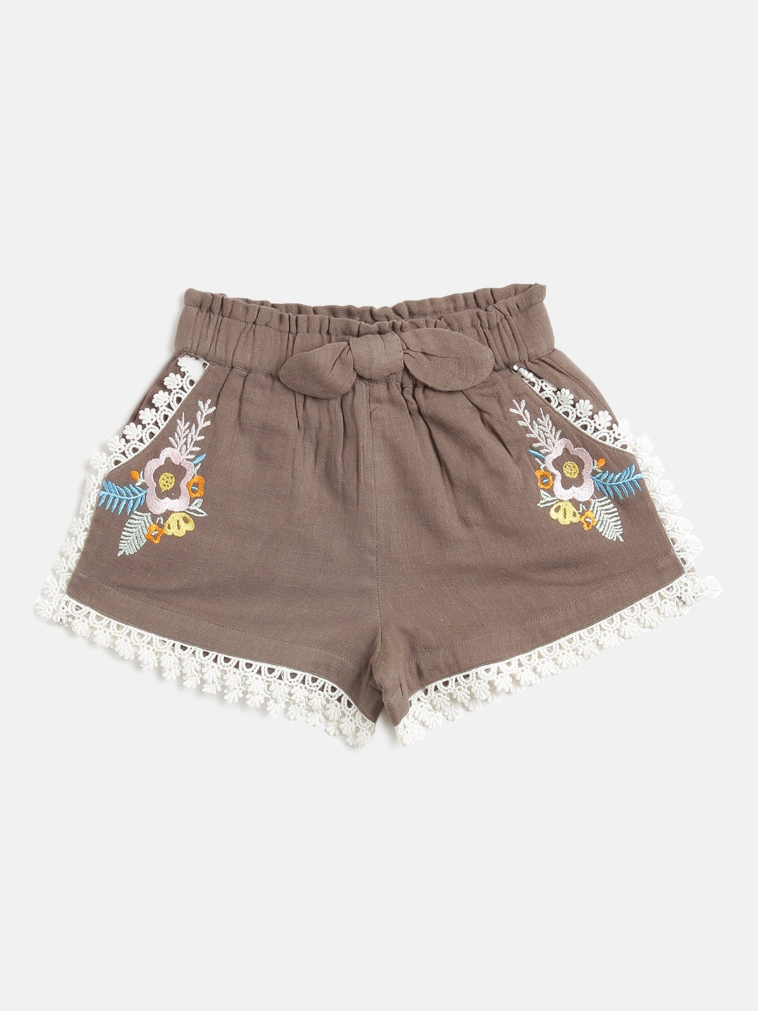 

Kids On Board Girls Brown Floral Embellished Mid-Rise Hot Pants Shorts