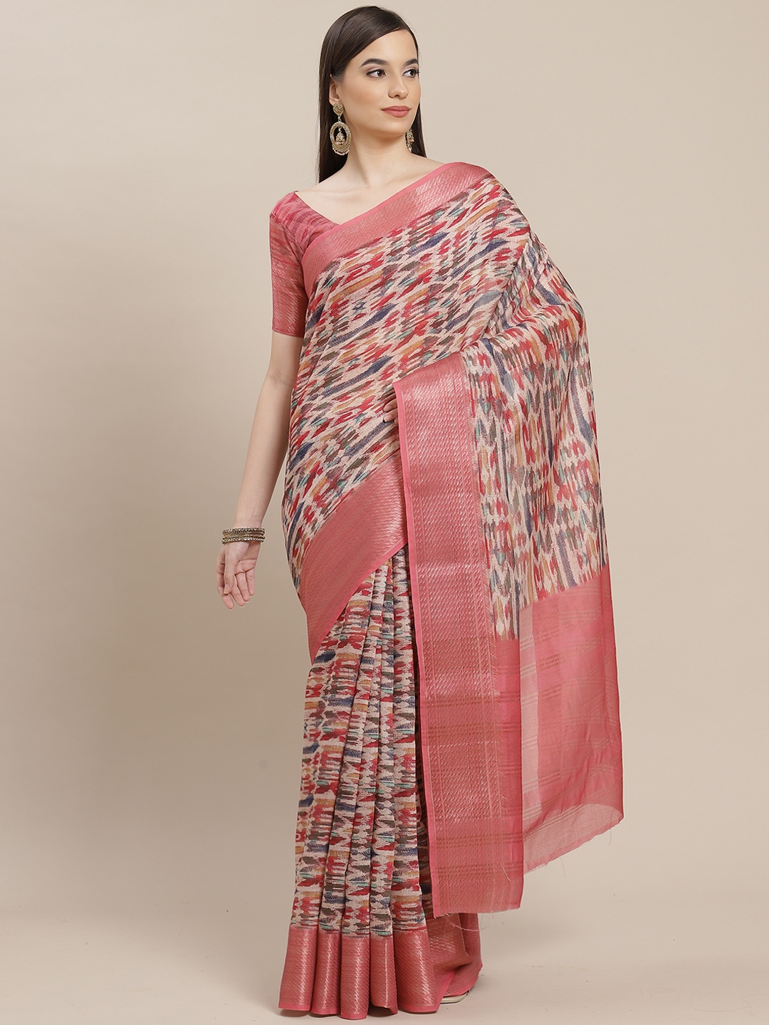 

SHANGRILA Beige & Pink Printed Saree