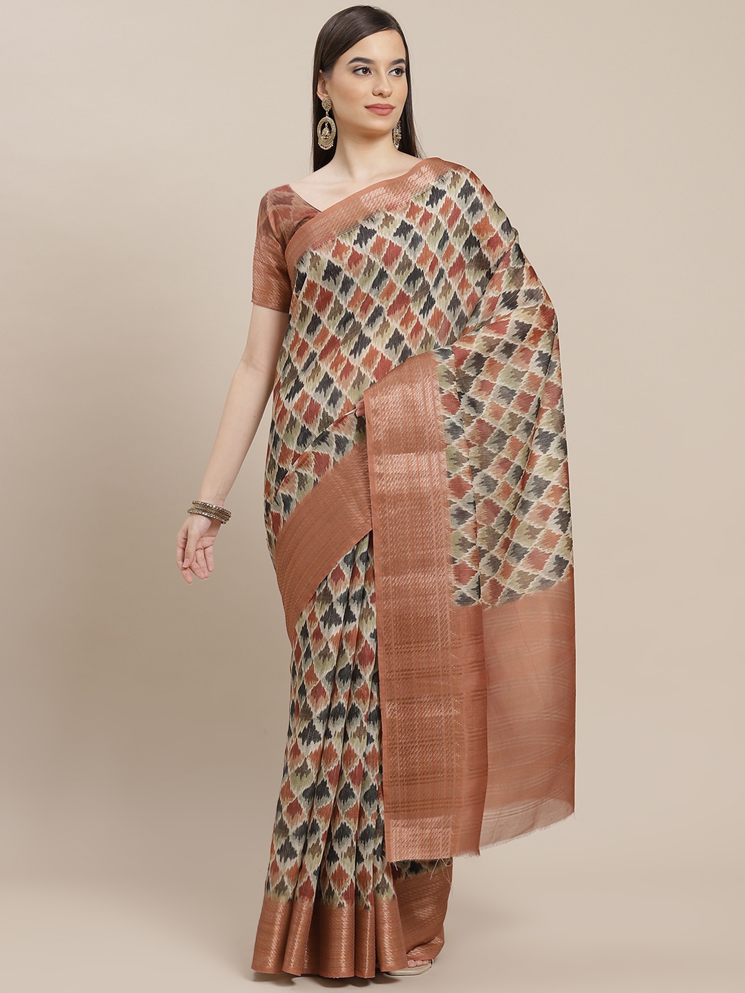 

SHANGRILA Beige & Maroon Printed Saree