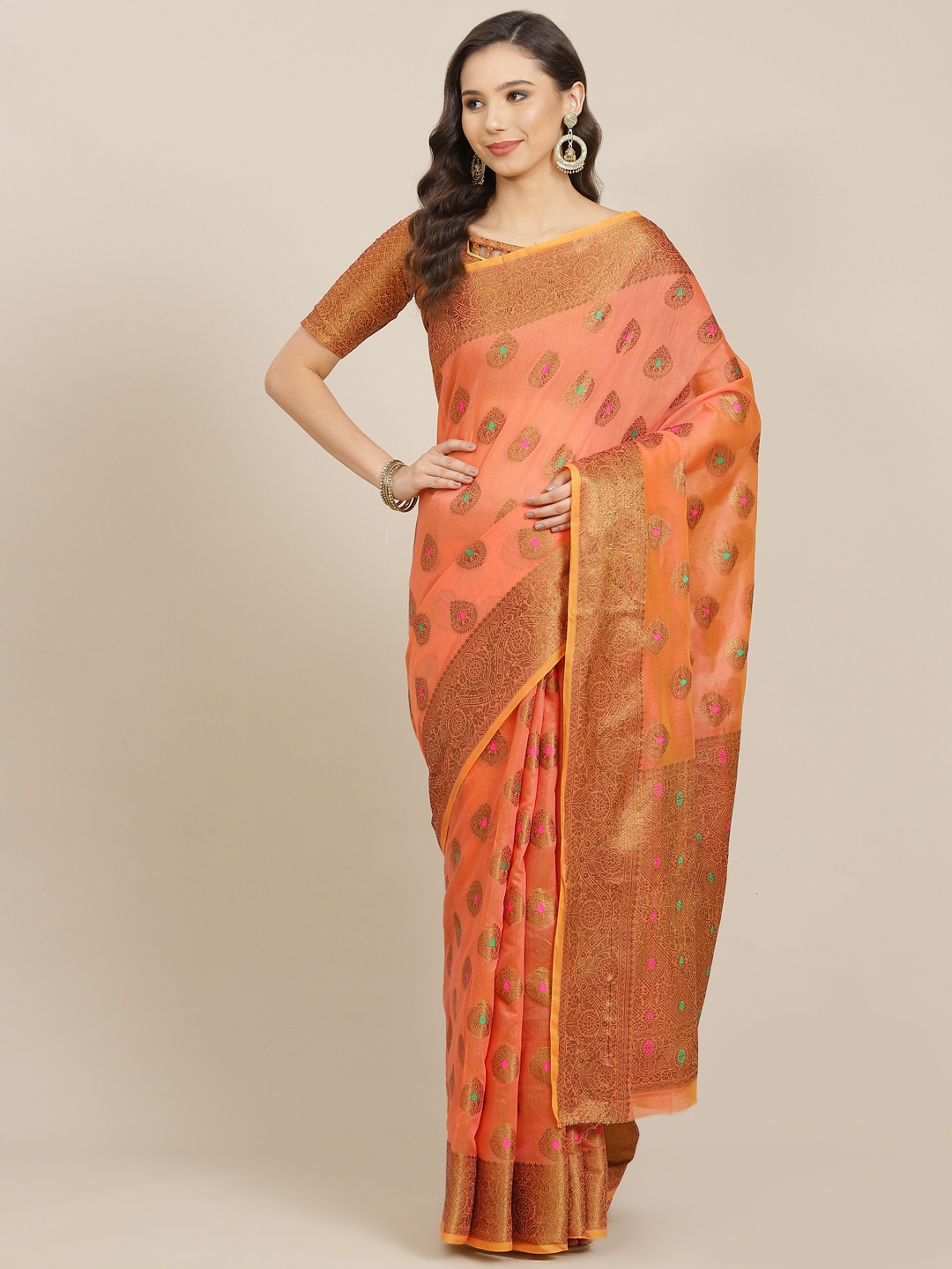 

SHANGRILA Peach-Coloured & Golden Ethnic Woven Design Kasavu Saree