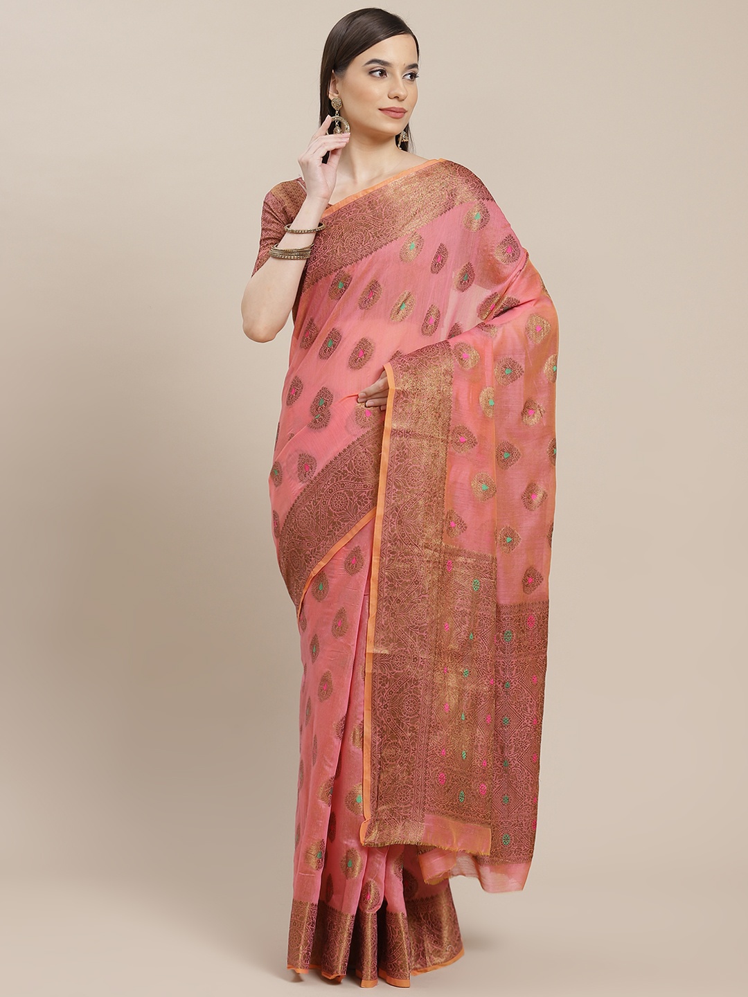 

SHANGRILA Pink & Gold Ethnic Woven Design Aari Work Kasavu Saree