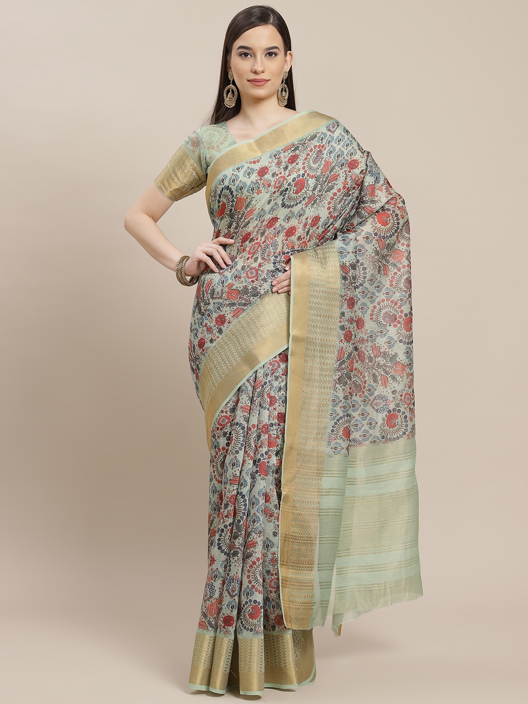 

SHANGRILA Green & Red Ethnic Printed Art Silk Saree