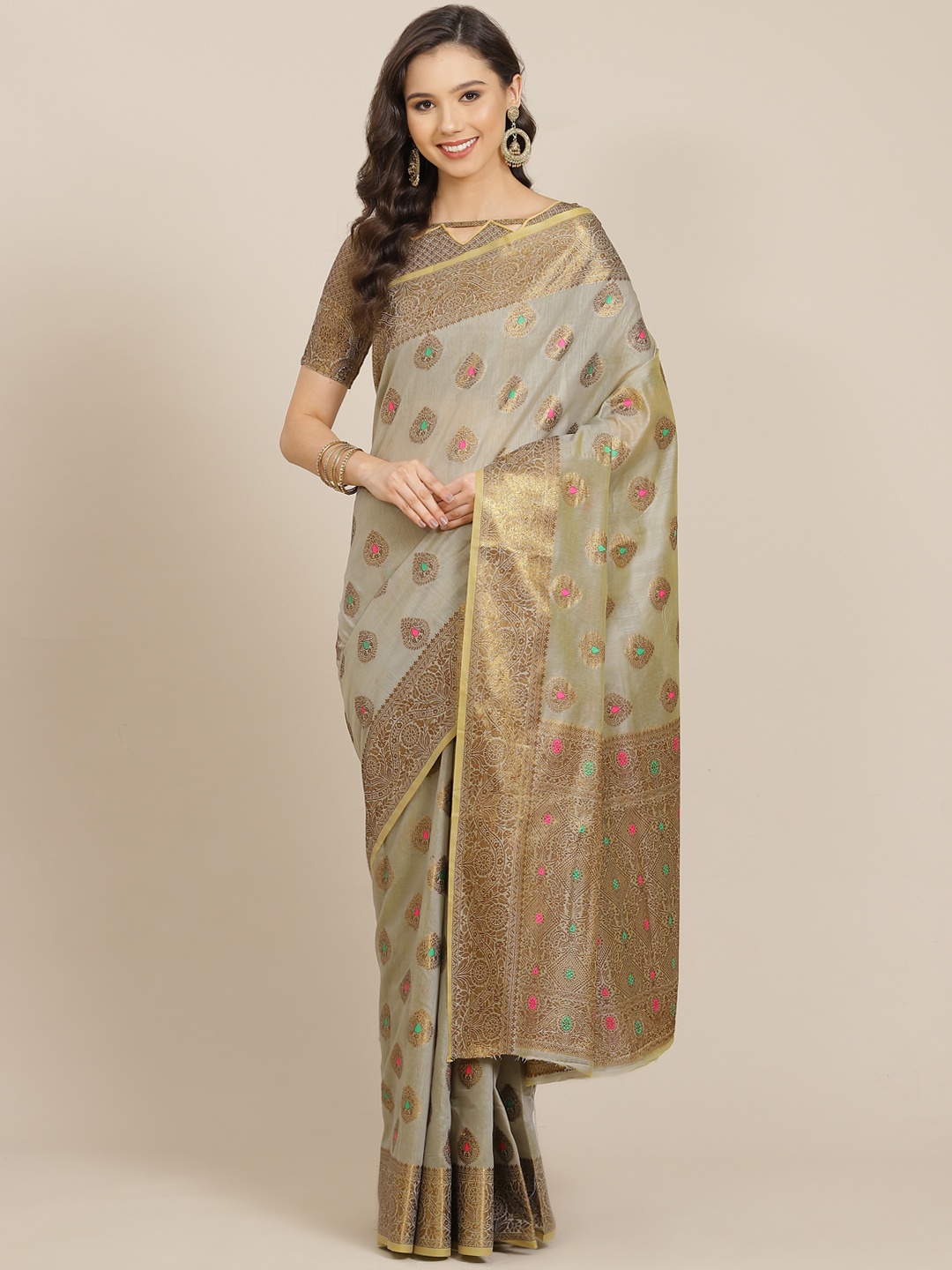 

SHANGRILA Grey & Golden Ethnic Woven Design Kasavu Saree