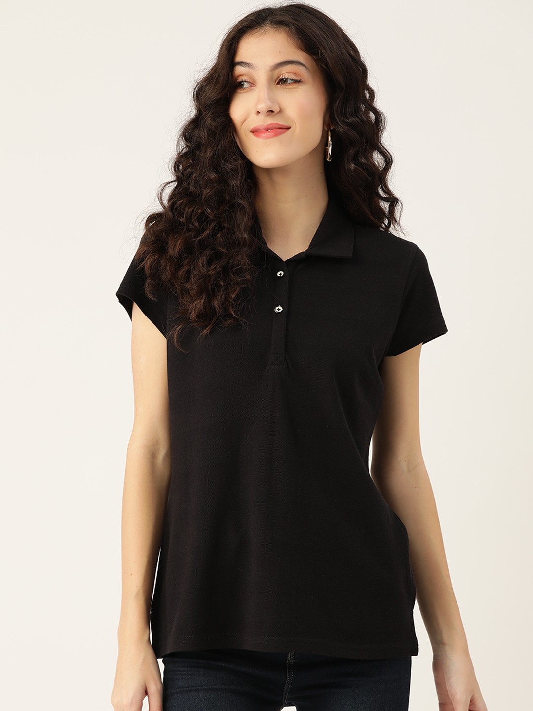 

urSense Women Black Solid Pure Cotton Polo Collar T-shirt