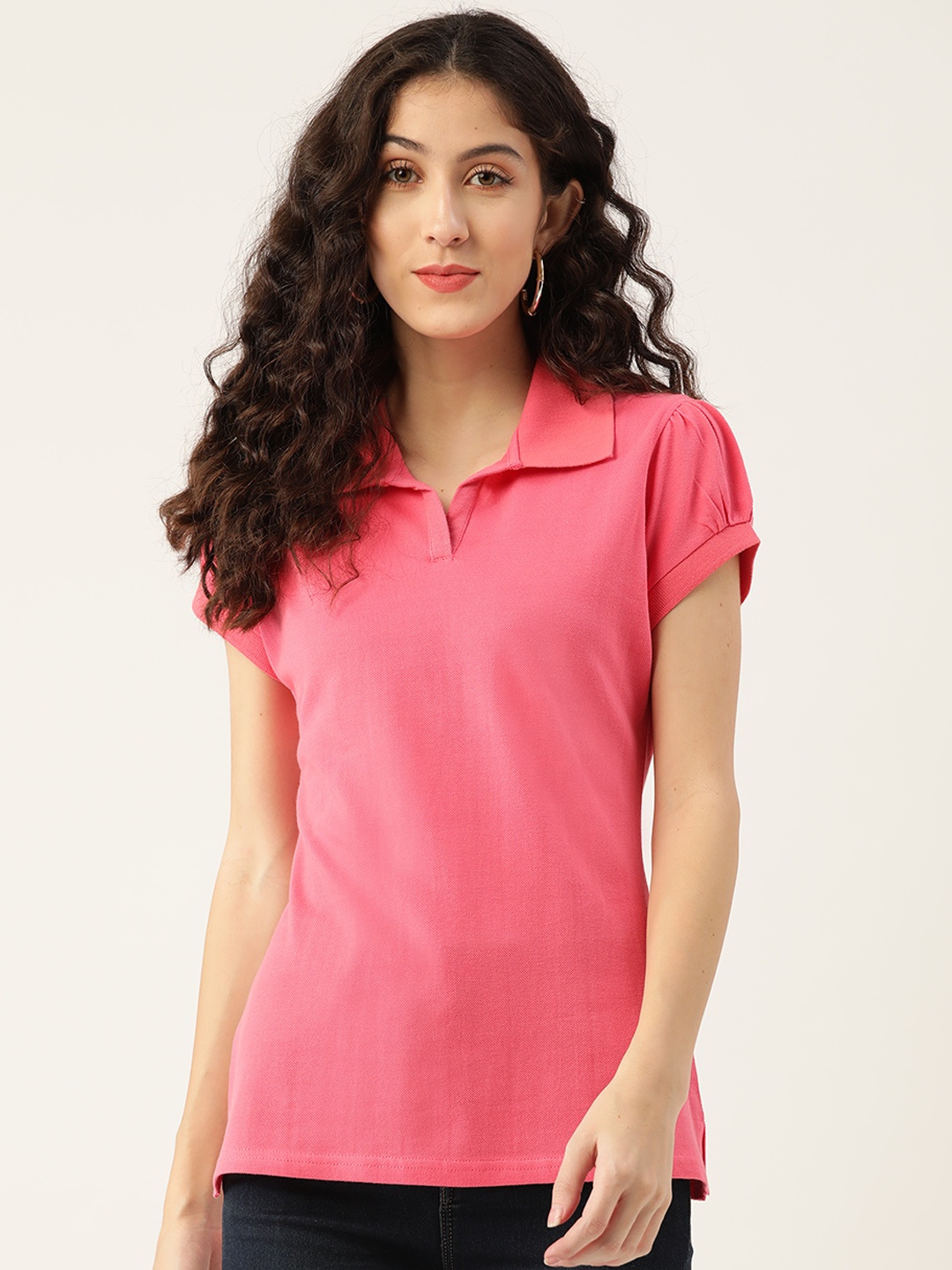 

urSense Women Pink Pure Cotton Polo Collar T-shirt