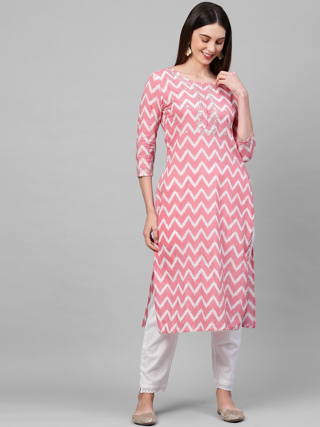 

FASHOR Women Pink & White Printed Pure Cotton Kurta with Trousers