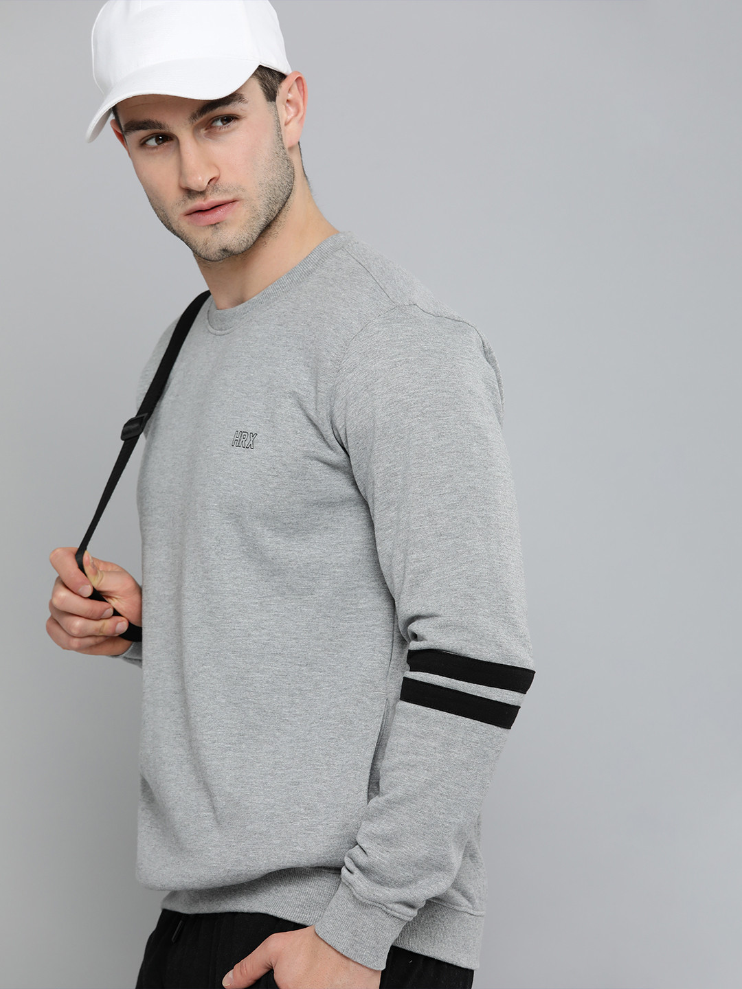 

HRX by Hrithik Roshan Lifestyle Men Grey Melange Bio-Wash Solid Striped Sleeves Sweatshirt