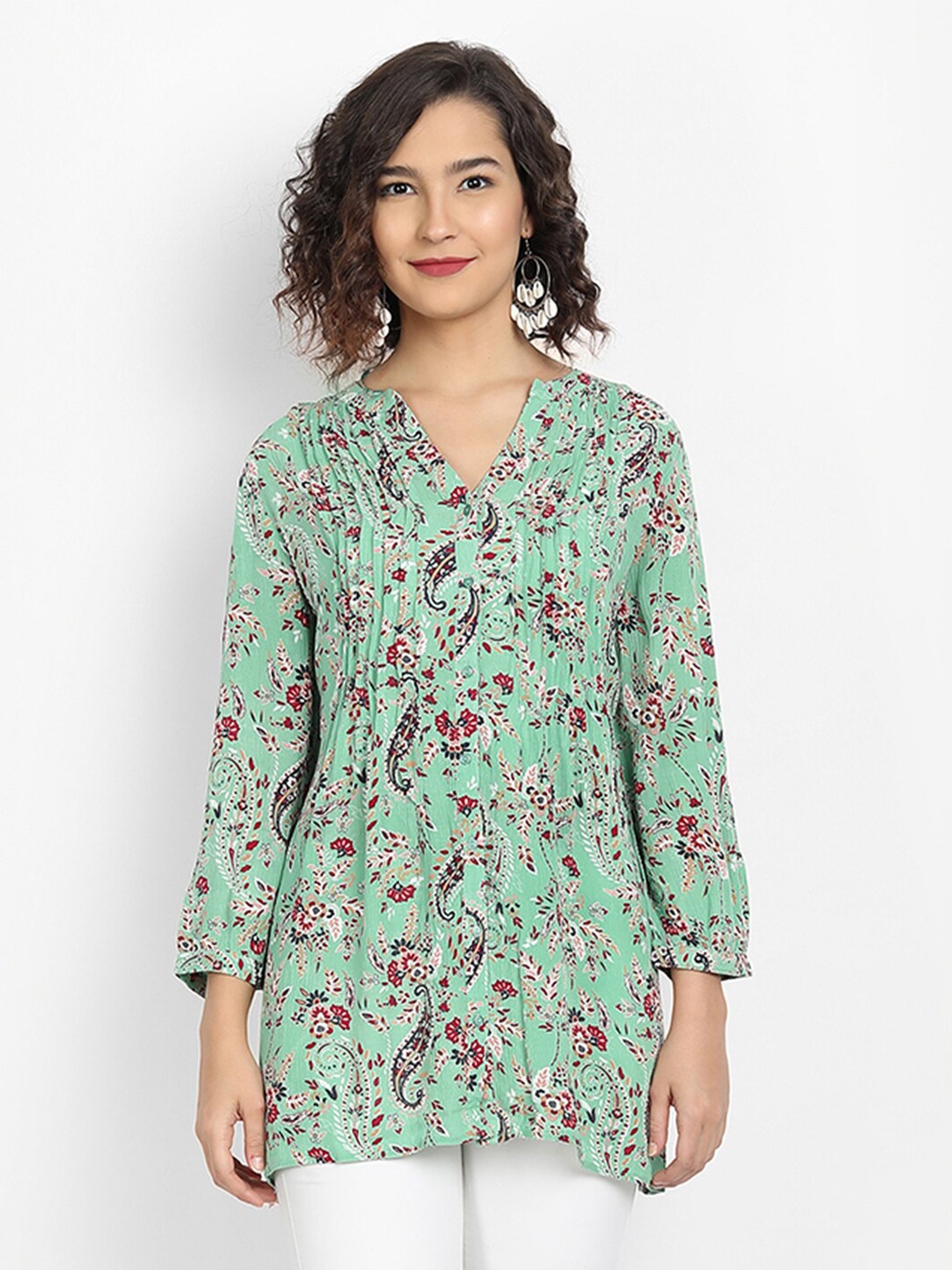 

IX IMPRESSION Women Green & Red Floral Printed Shirt Style Longline Top