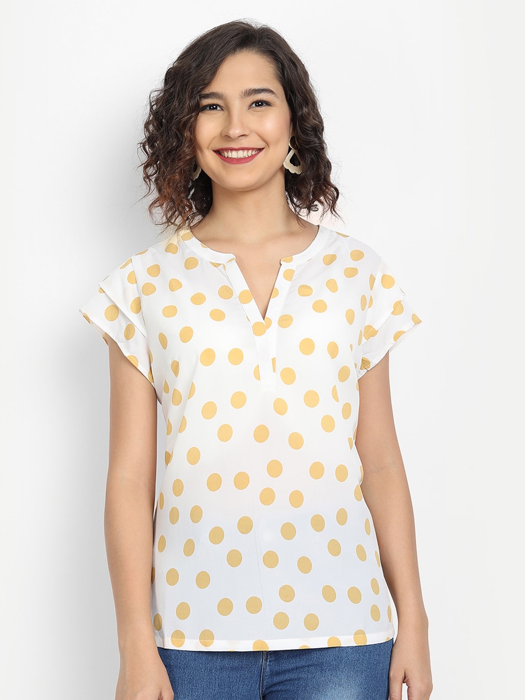 

IX IMPRESSION White & Yellow Mandarin Collar Regular Top