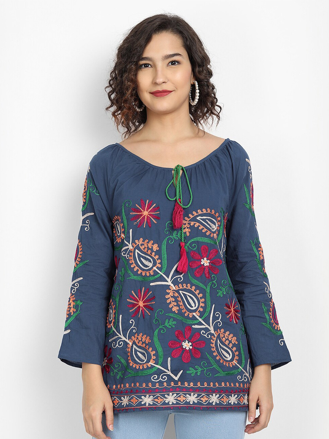 

IX IMPRESSION Women Navy Blue & Red Embroidered Tie-Up Neck A-Line Top