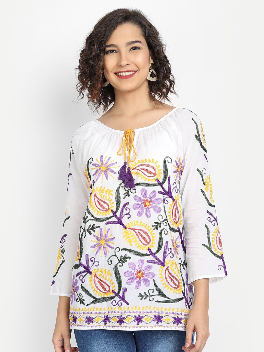 

IX IMPRESSION Women White & Yellow Embroidered Tie-Up Neck A-Line Top