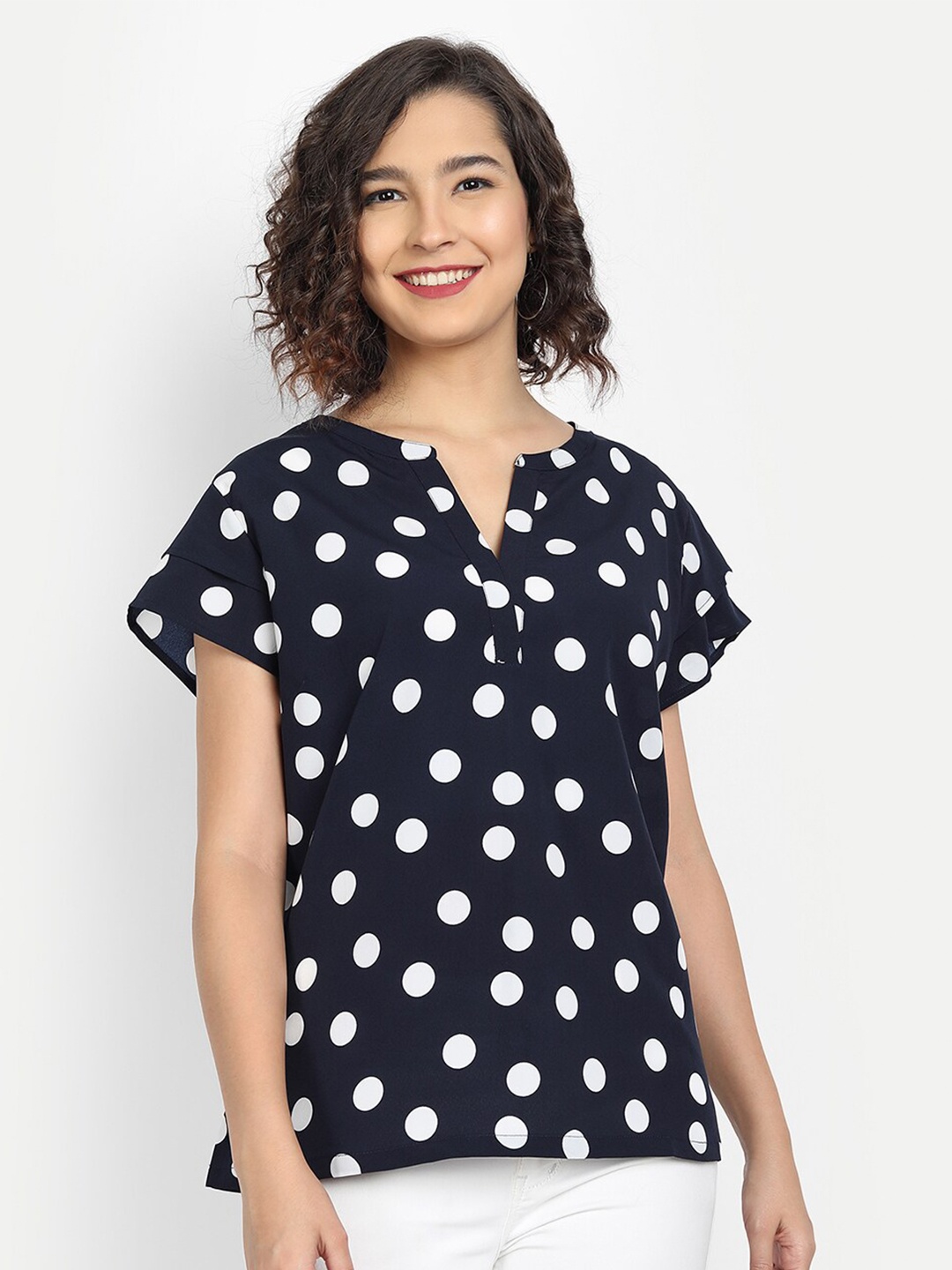 

IX IMPRESSION Women Black & White Polka Dot Printed A-Line Top
