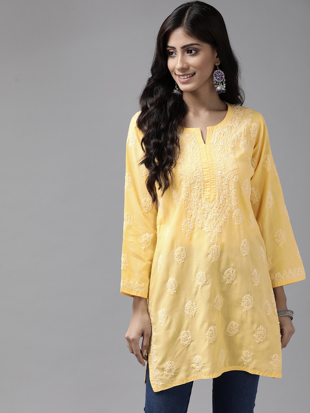 

ADA Yellow & Off White Ethnic Motifs Chikankari Kurti