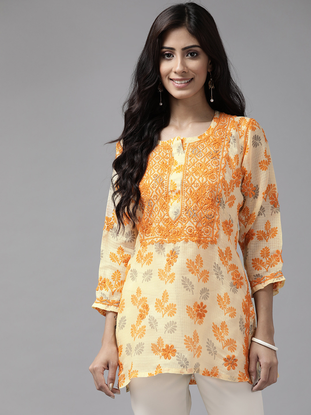 

ADA Lemon Yellow Sustainable Ethnic Motifs Print Chikankari Kota Handloom Kurti
