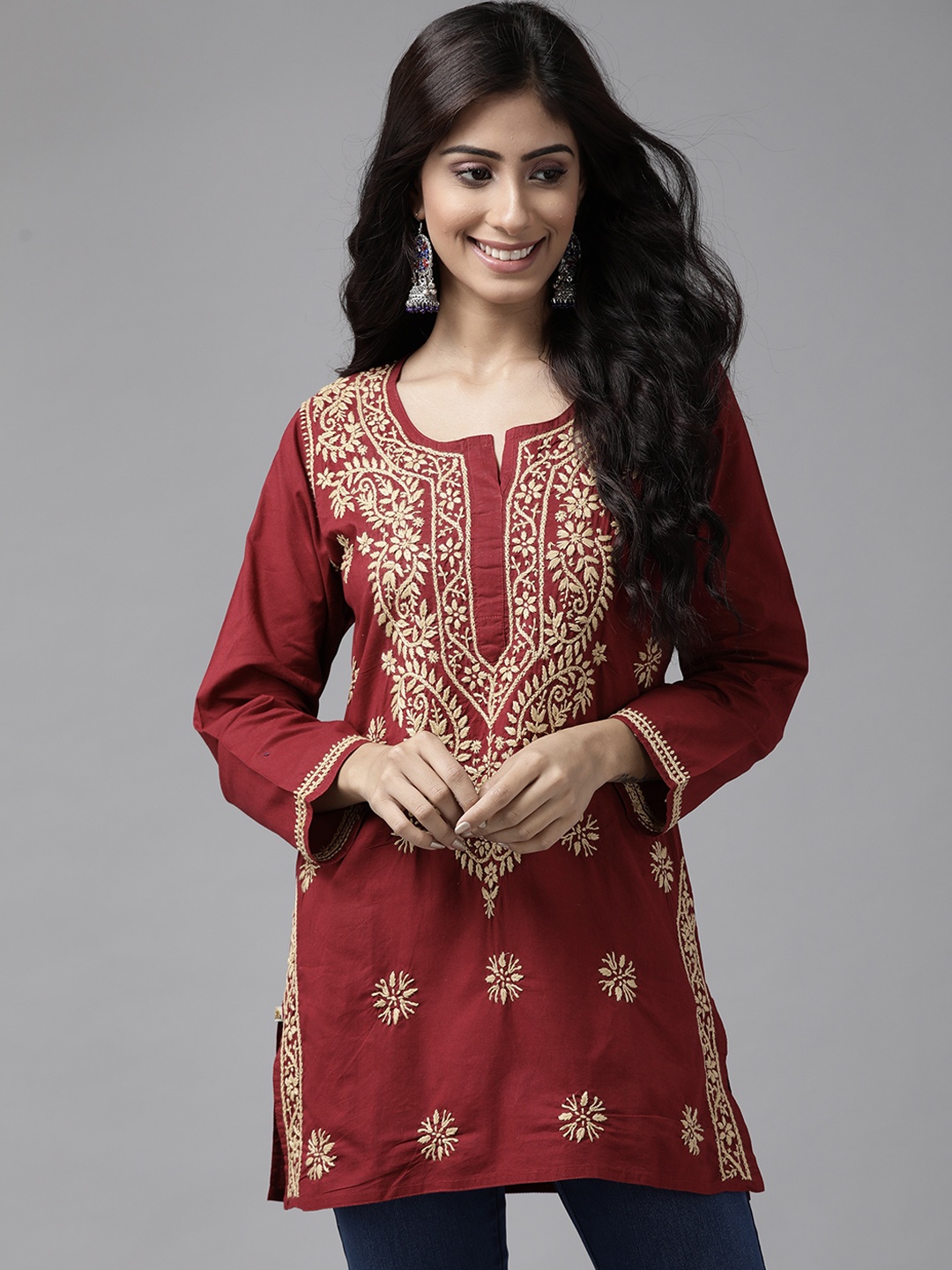 

ADA Maroon Ethnic Motifs Embroidered Chikankari Kurti