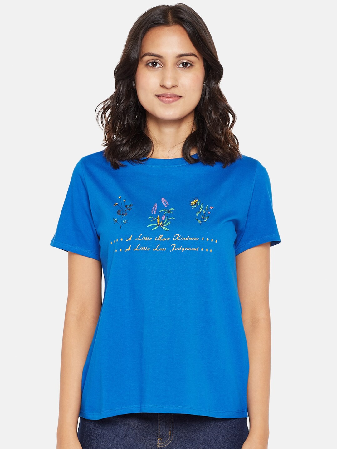 

People Women Blue Typography Printed Cotton Pure Cotton T-shirt