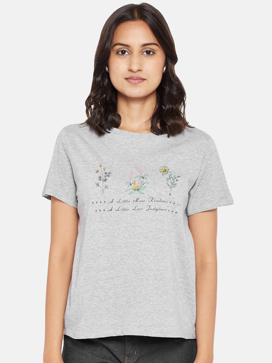 

People Women Grey Printed Pure Cotton T-shirt