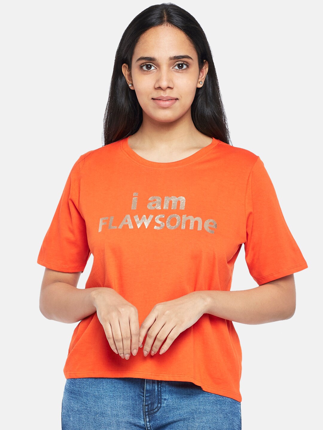 

People Women Rust Typography Printed Pure Cotton T-shirt