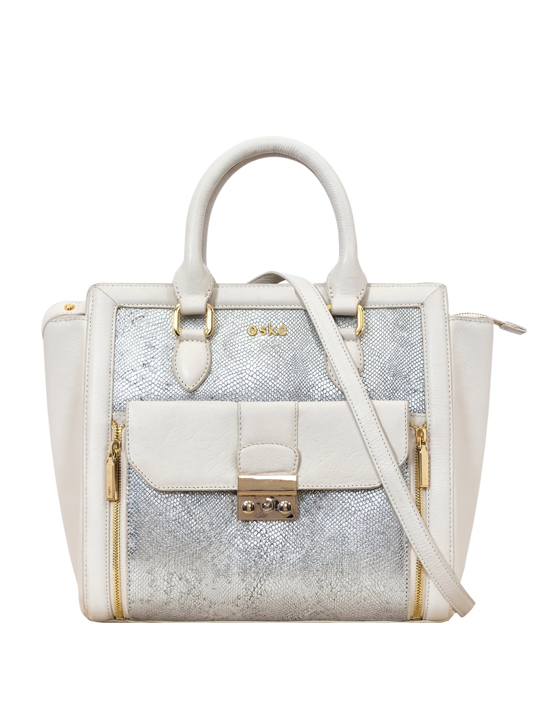 

Eske Silver-Toned Animal Textured Leather Structured Handheld Bag