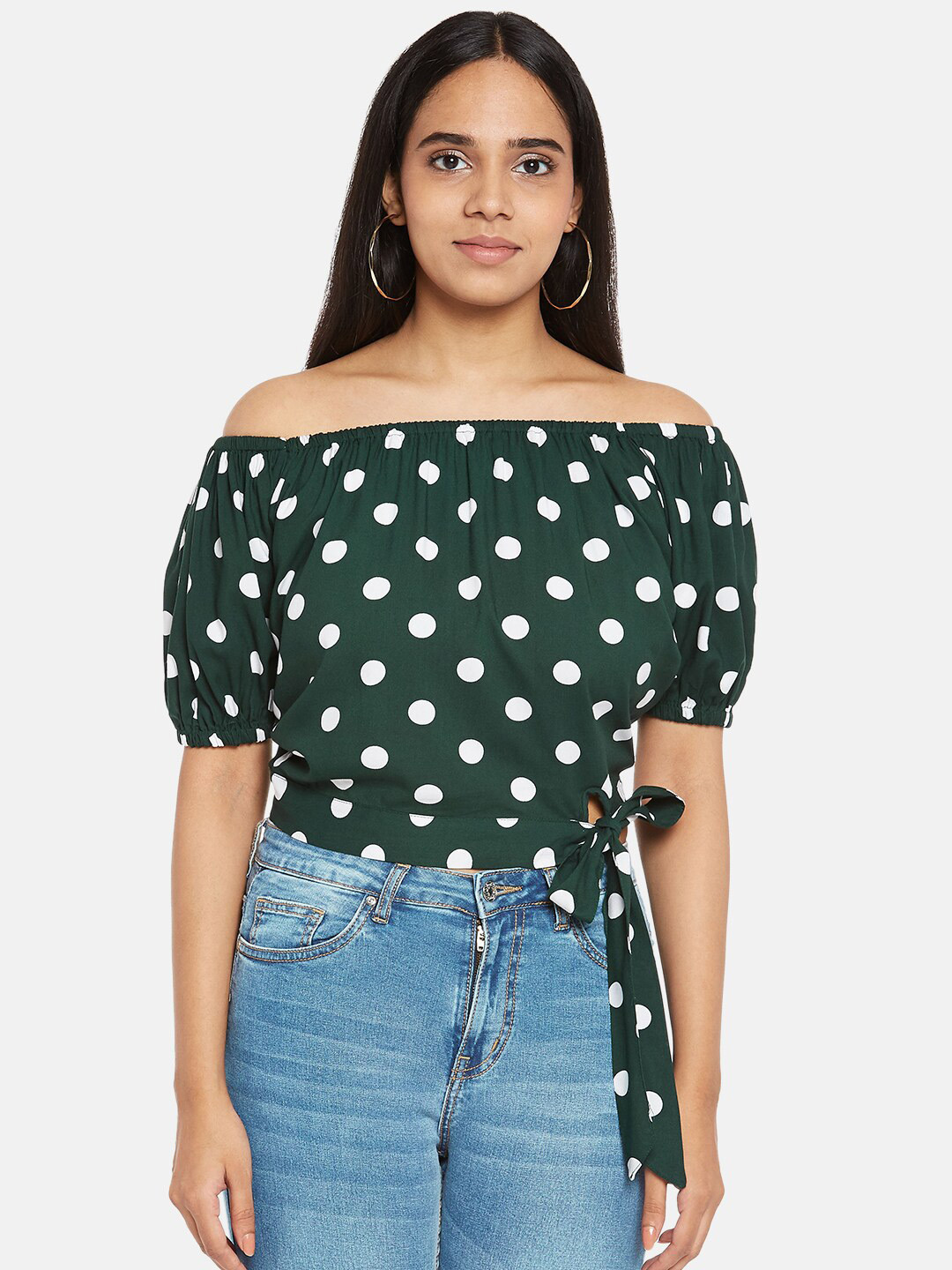 

People Green & White Off-Shoulder Puff Sleeve Bardot Top