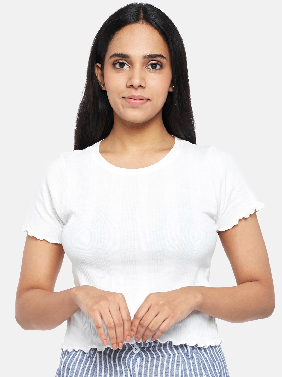 

People Women White Regular Pure Cotton Knitted Crop Top