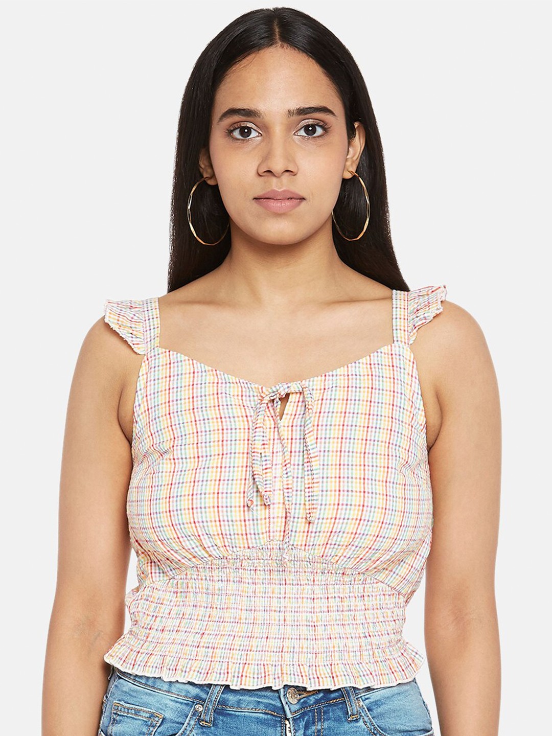 

People White & Yellow Checked Smocked Cinched Waist Pure Cotton Crop Top