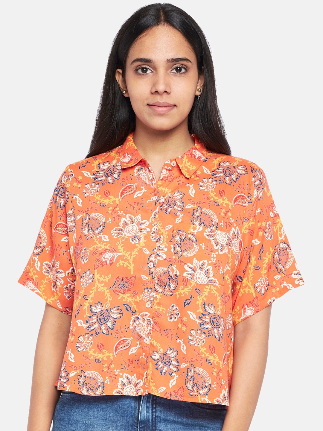 

People Orange Floral Extended Sleeves Shirt Style Top