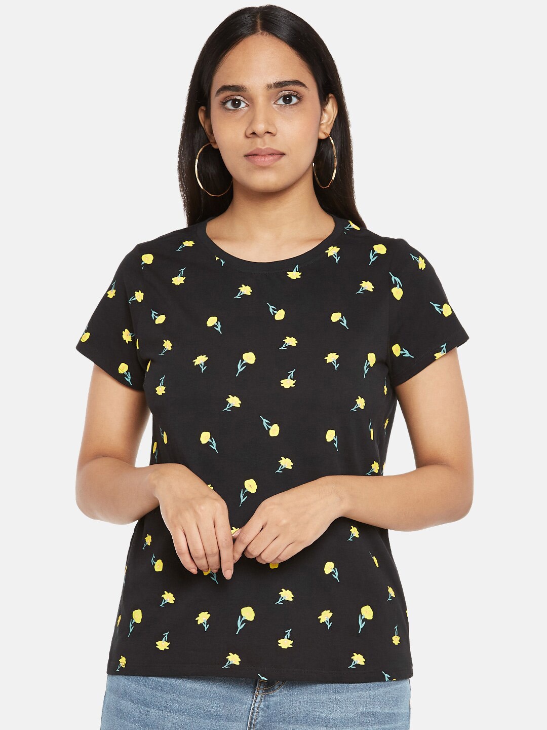 

People Women Black Printed Tropical Cotton T-shirt