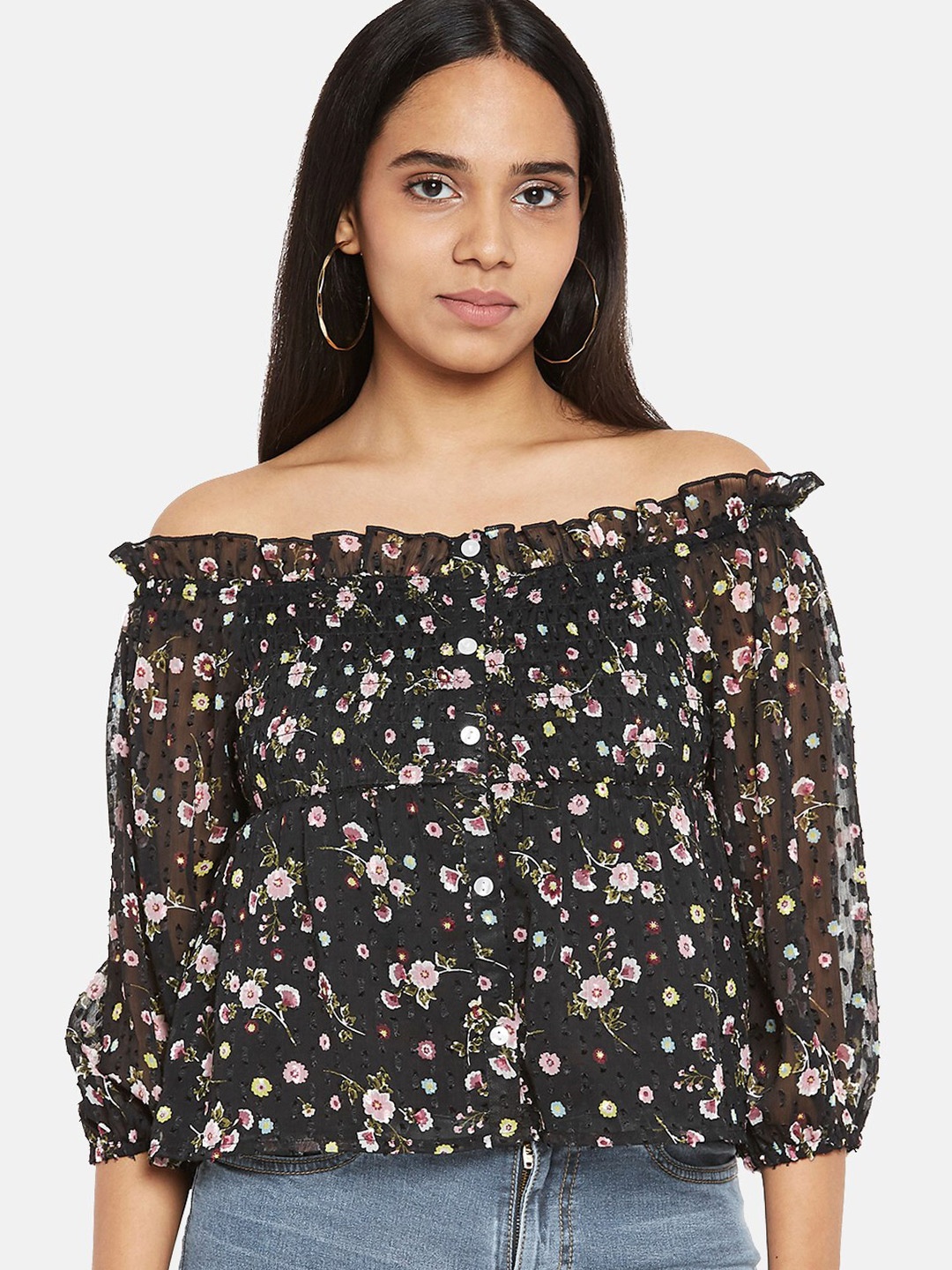 

People Black Floral Printed Off-Shoulder Smocked Bardot Top