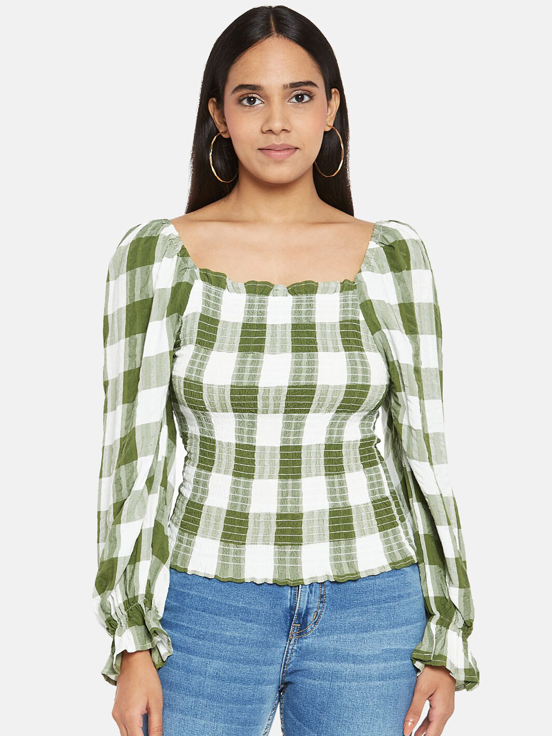 

People Green Checked Puff Sleeve Regular Top