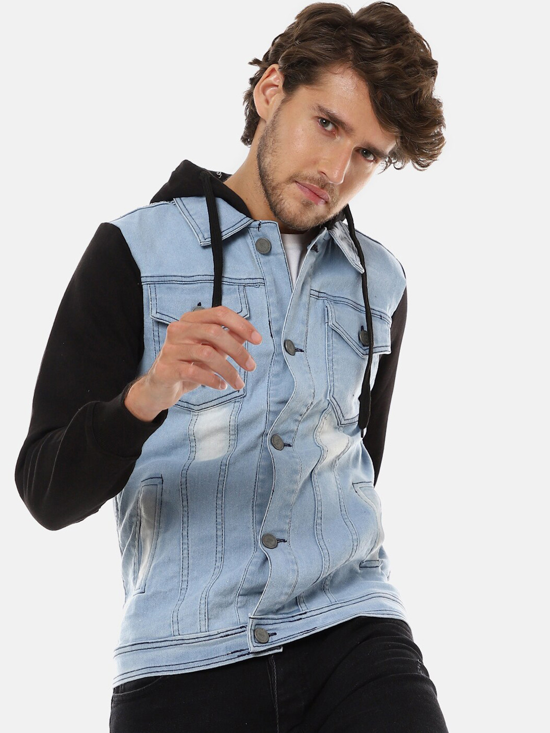 

Campus Sutra Men Blue & Black Colourblocked Hooded Denim Jacket