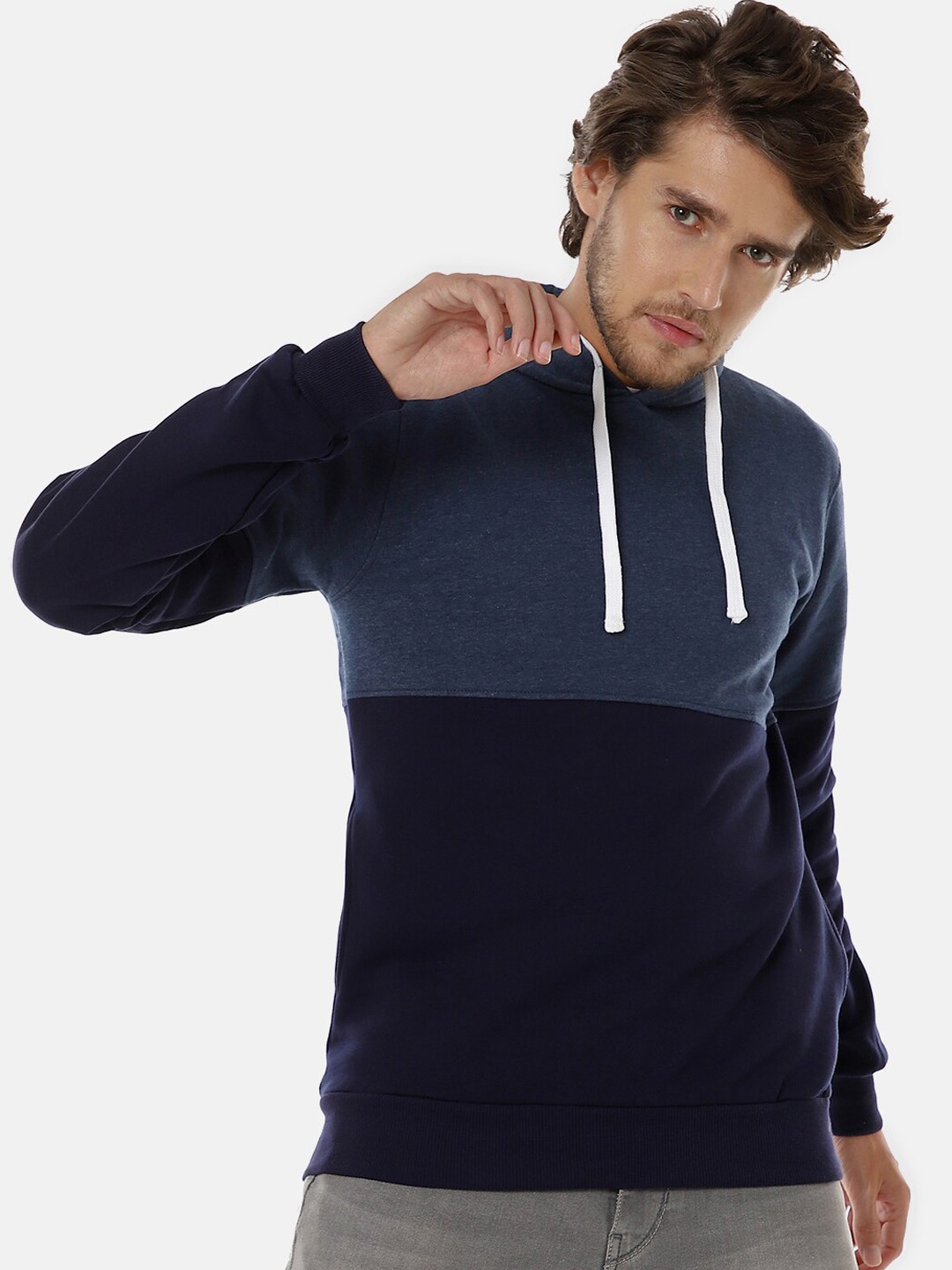 

Campus Sutra Men Blue Colourblocked Hooded Pure Cotton Sweatshirt
