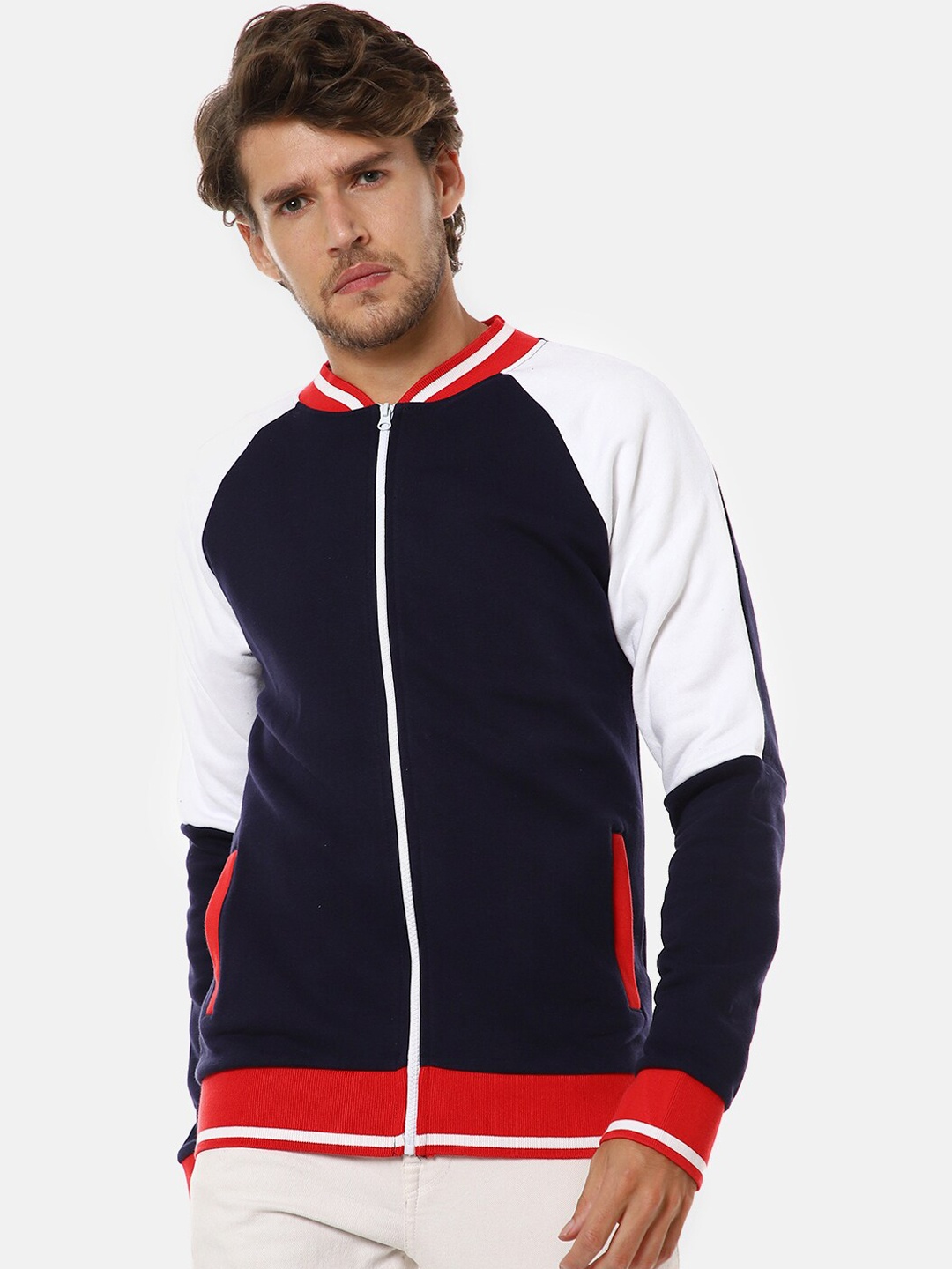 

Campus Sutra Men Navy Blue White Colourblocked Windcheater Varsity Jacket