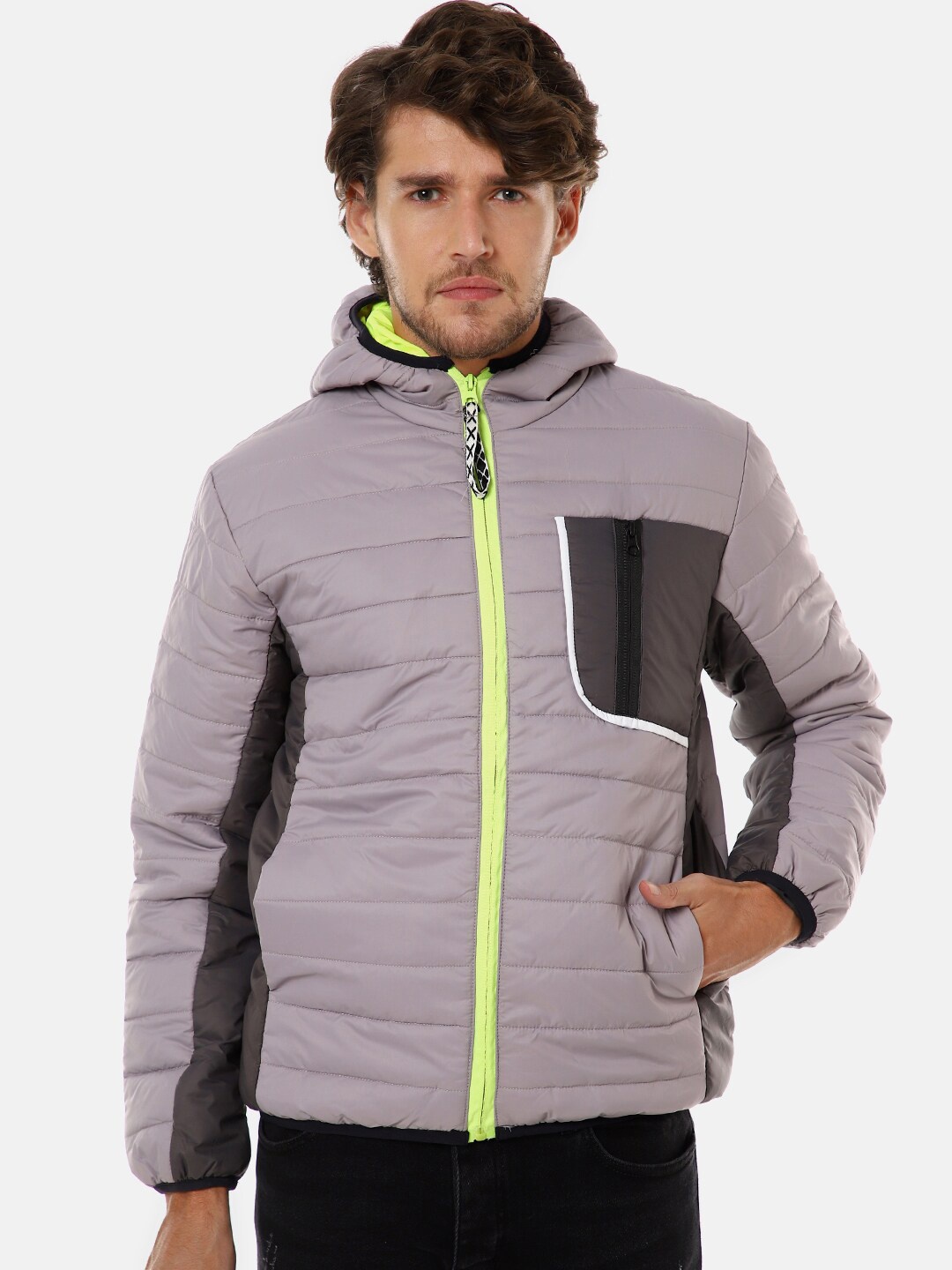 

Campus Sutra Men Grey Colourblocked Windcheater Padded Jacket