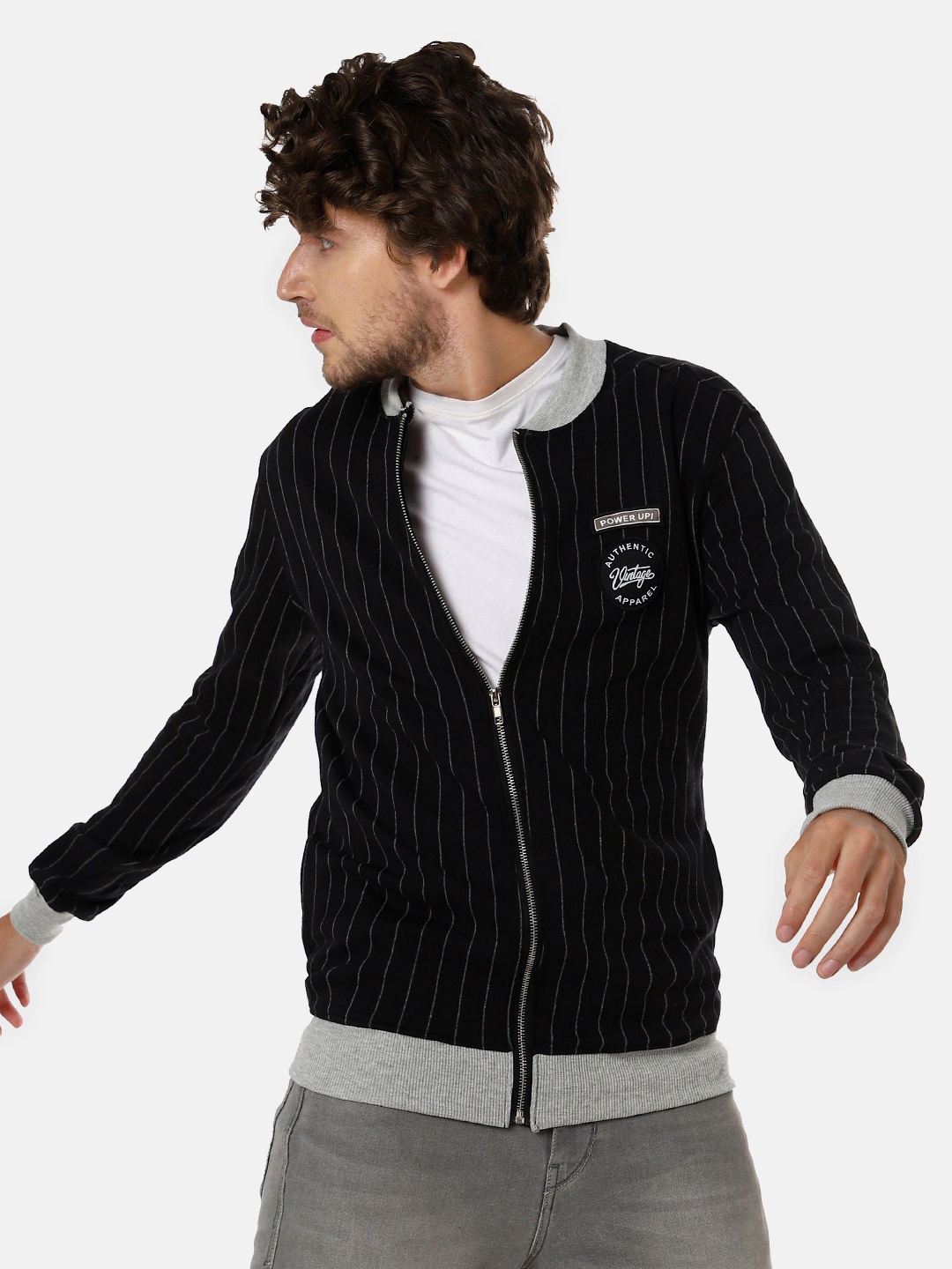 

Campus Sutra Men Black & Grey Striped Windcheater Cotton Tailored Jacket