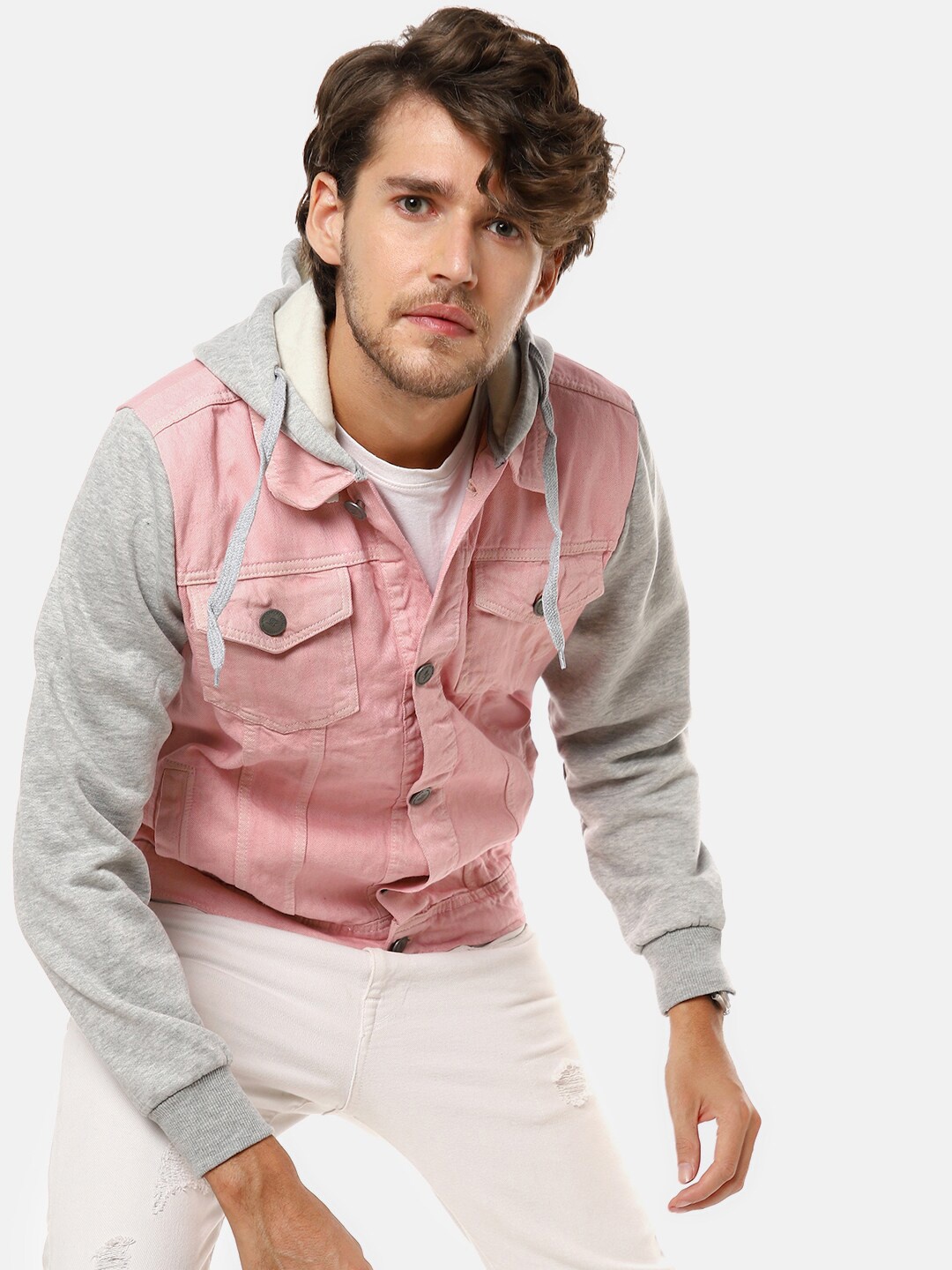 

Campus Sutra Men Pink Washed Colourblocked Denim Jacket