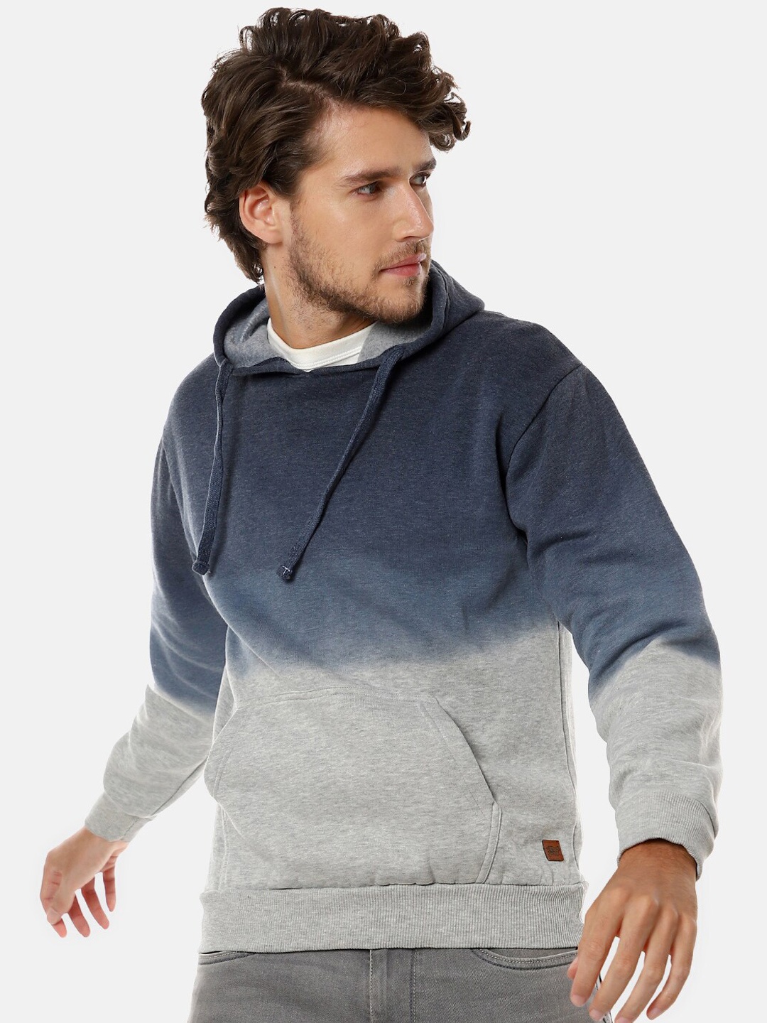 

Campus Sutra Men Blue Colourblocked Hooded Pure Cotton Sweatshirt