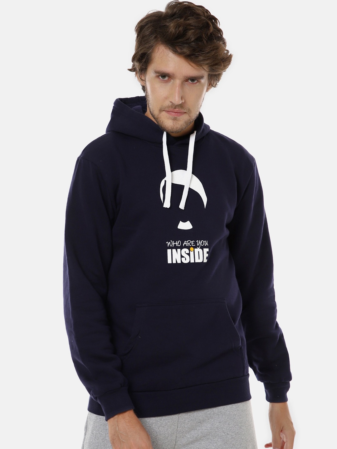 

Campus Sutra Men Navy Blue Printed Hooded Pure Cotton Pullover Sweatshirt