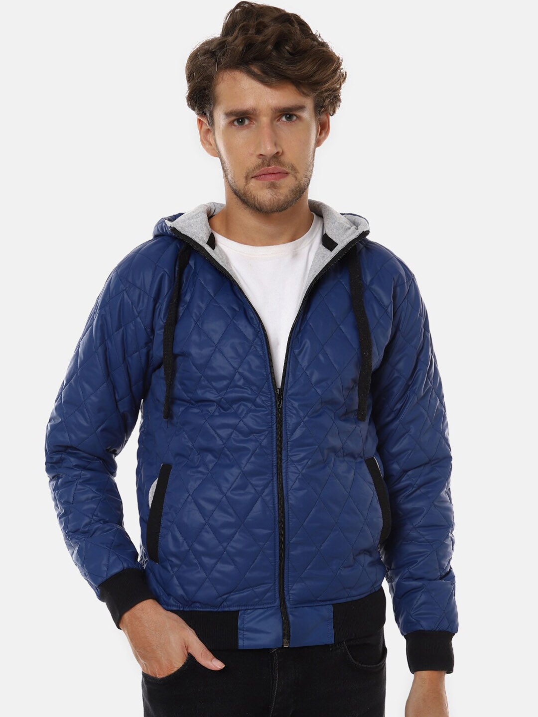 

Campus Sutra Men Blue Checked Windcheater Quilted Jacket