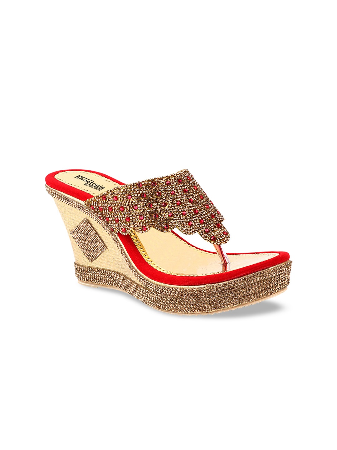 

Shoetopia Women Red & Gold-Toned Embellished Ethnic Wedge Sandals