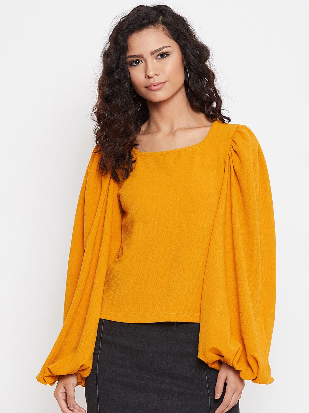 

Zastraa Women Mustard Yellow Solid Puff Sleeve Regular Top