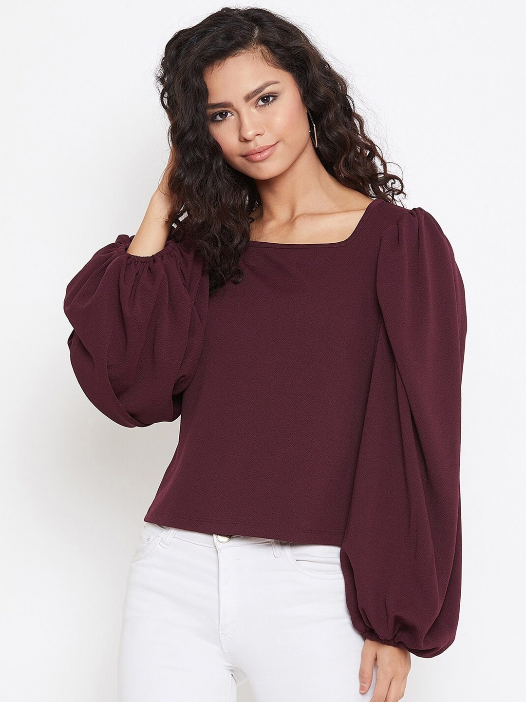 

Zastraa Women Burgundy Bishop Sleeves Regular Top