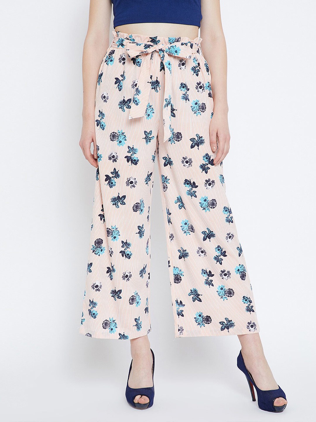 

Zastraa Women Pink & Blue Floral Printed Flared Palazzos