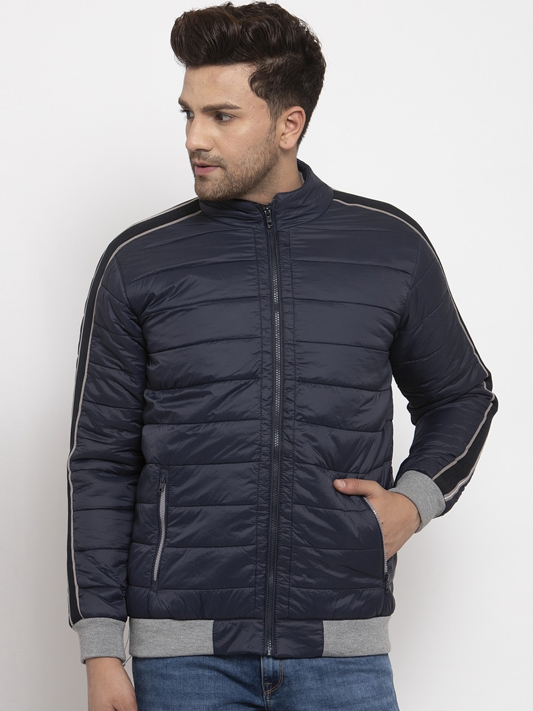 

Cantabil Men Navy Blue Striped Windcheater Quilted Jacket