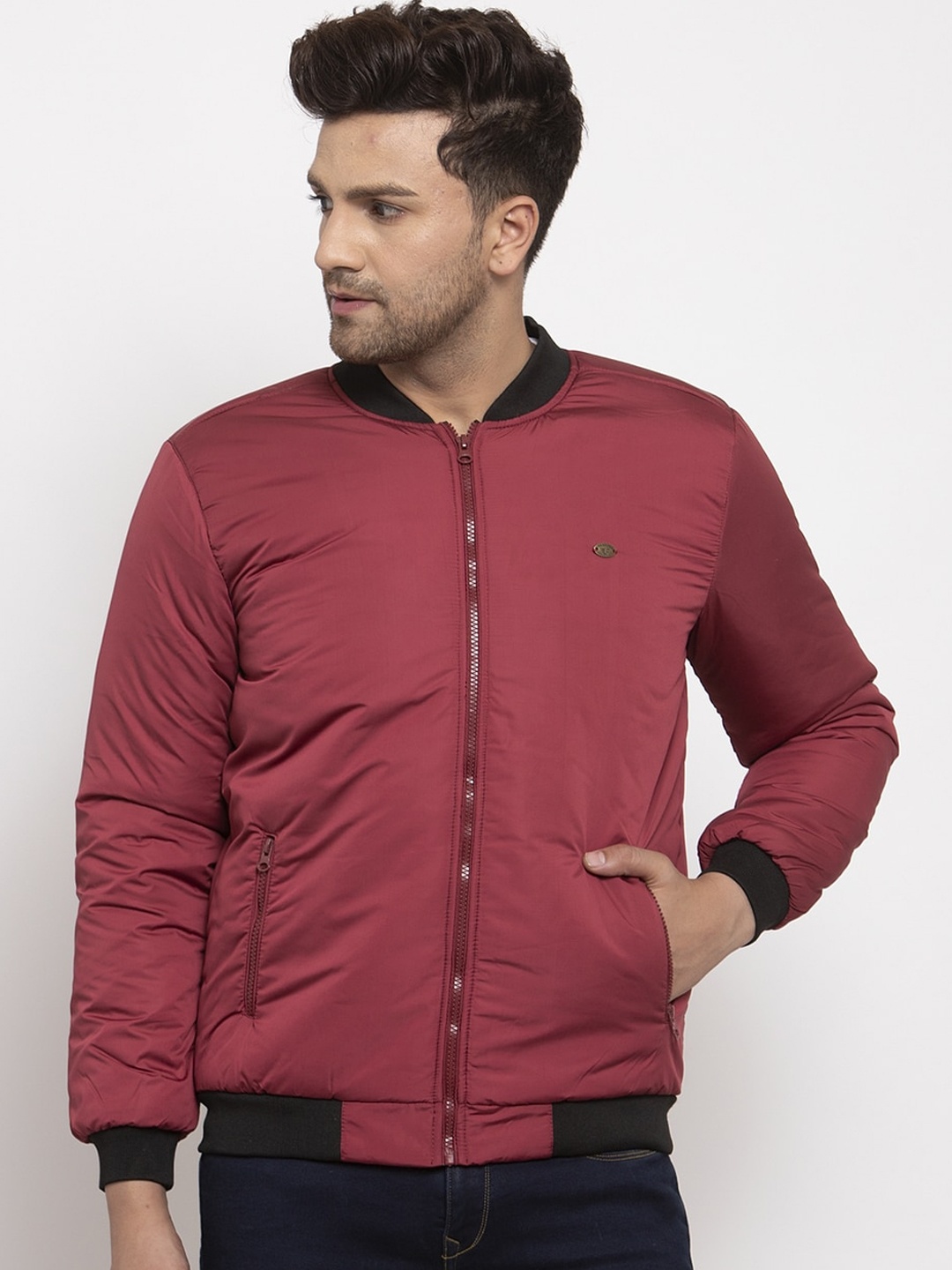 

Cantabil Men Maroon Solid Bomber Jacket