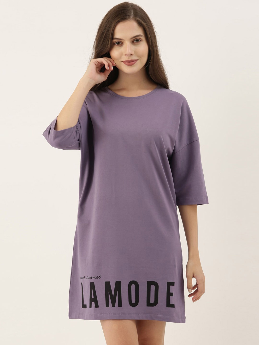 

BEVERLY BLUES Women Purple Typography Printed Drop-Shoulder Sleeves T-shirt Dress