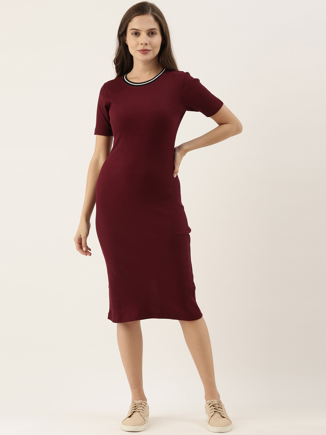 

BEVERLY BLUES Women Maroon Solid Bodycon Midi Dress