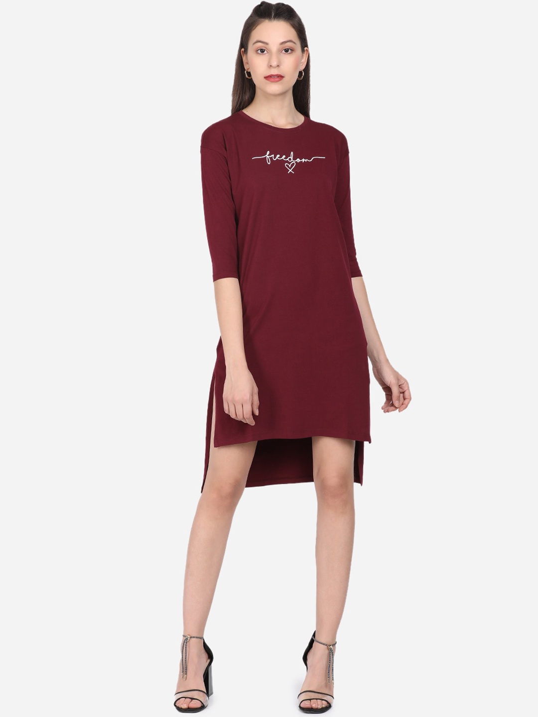 

BEVERLY BLUES Women Maroon Printed T-shirt Dress